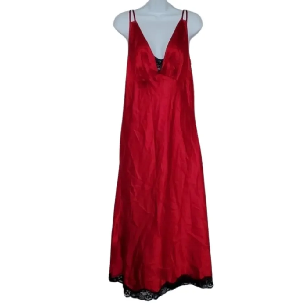 Secret Treasures Red Satin Long Chemise Nightgown Black Lace Trim - Medium